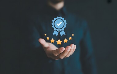 Quality Assurance Icon: A hand extends forward, presenting a visual representation of quality assurance, symbolized by a check mark badge and five shining stars.