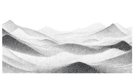 Monochrome abstract background with grainy stippled texture, rough rocky mountain shapes, flowing lines like hills. Vector halftone pattern overlay, grungy noise effect, charcoal texture