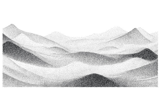 Monochrome abstract background with grainy stippled texture, rough rocky mountain shapes, flowing lines like hills. Vector halftone pattern overlay, grungy noise effect, charcoal texture