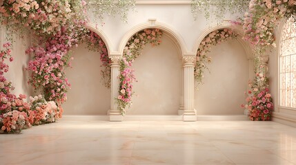 3D digital backdrop photo, floor-to-ceiling wall with floral arches and flowers, white walls with pink floral patterns, light beige floor tiles, soft lighting, romantic, pastel .
