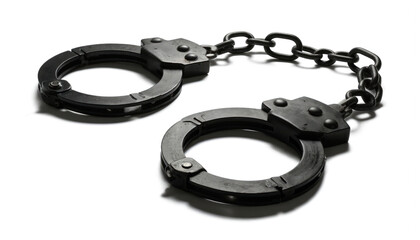 Close-up of black metal handcuffs on white background. Security equipment represents law enforcement, crime, detention, justice. Useful for concepts of authority, control, violation, confinement.