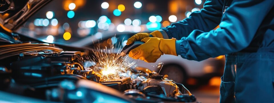 Auto mechanic working on a car engine at night.  Sparks fly as work is done