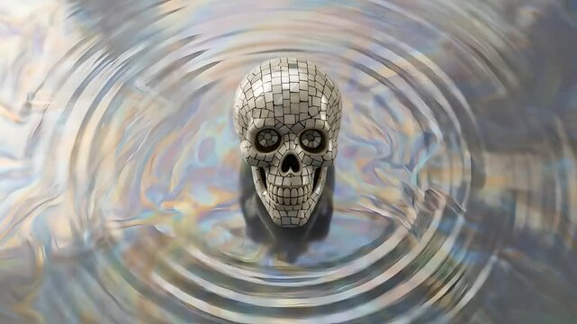 Mosaic skull reflected in water. Symbolizes mortality, reflection, gothic themes. Ideal for Halloween promos, horror, existential philosophy, psychology, and dark art content.