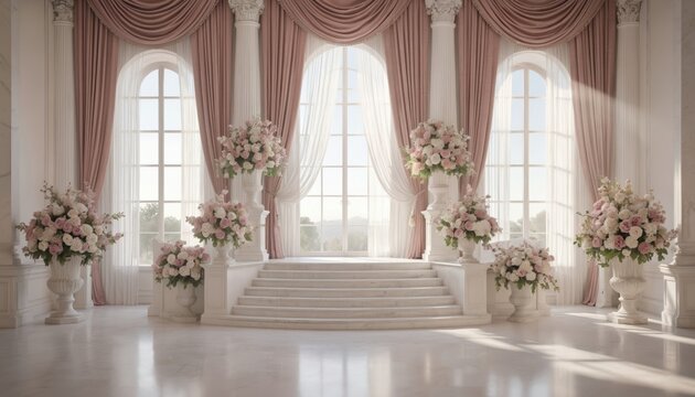 Elegant wedding venue interior featuring grand staircase, large arched windows with pastel pink drapery, abundant floral arrangements of roses, blooms. Scene evokes luxury, romance, perfect for