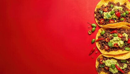 Festive Mexican fiesta postcard featuring delicious tacos with ground beef, fresh guacamole, chopped tomatoes, olives, chili peppers. Vibrant red background offers ample copy space for invitations,