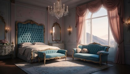 Luxurious bedroom features ornate teal tufted bed, matching sofa, overlooking mountains through large window with pink drapes. Elegant romantic decor with gold accents, crystal chandelier, creating