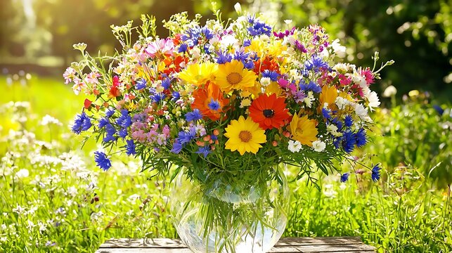 Fresh wildflower bouquet in transparent vase on rustic tabletop, photographed with full-frame camera, 50mm lens, natural sunlight creating soft shadows and warm tones