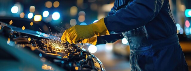 Auto mechanic working on a car engine at night (5)