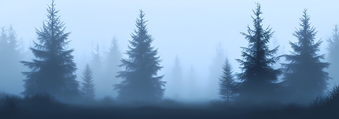 Obraz premium Mystical Fog Forest: Enshrouded in a delicate veil of ethereal fog, a picturesque evergreen forest stands in tranquil silence, evoking a sense of mystery and the raw essence of nature.