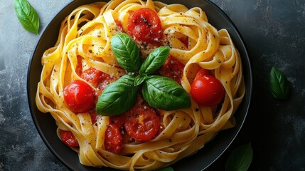 Fettuccine pasta with cherry tomatoes and basil adds vibrant flavor