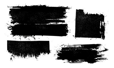 Monochrome grunge brush strokes with rough-edged distressed ink textures and bold rectangles. Vector art with paint splatter, dry brush effects, decorative borders