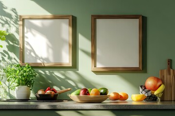 Empty frames, fruits, kitchen scene