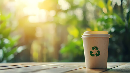 Eco-conscious Coffee Break: A sustainable paper cup, adorned with a recycling symbol, sits on a wooden table.