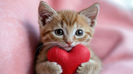 A fluffy orange kitten lovingly holds a bright red heart against a warm pink backdrop