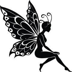 Elegant butterfly fairy silhouette sitting gracefully isolated on white background