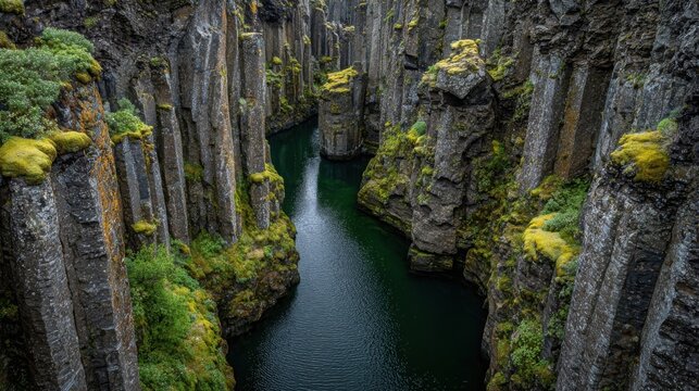Majestic narrow canyon with lush greenery and dark reflective water below