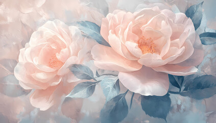 Fototapeta premium Delicate Floral Composition: Two exquisite pastel-colored roses, surrounded by soft, ethereal leaves and gentle light, evoke feelings of peace and serenity, ideal for conveying tranquility.