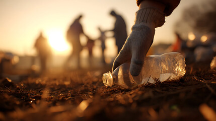 Obraz premium Hand wearing glove picking up plastic bottle during sunset image