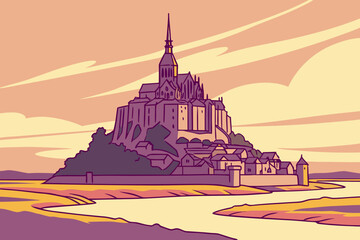 Magnificent Mont Saint-Michel captured during sunset with the surrounding bay glowing in vibrant tones of gold and pink, modern flat illustration style.