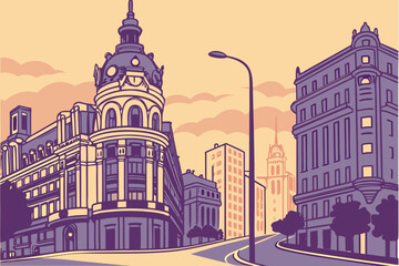 Obraz premium Madrid’s iconic Gran Via street glows in twilight hues, showcasing the city skyline blending historic architecture with urban charm in the heart of Spain, modern flat illustration style.