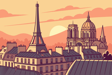 Obraz premium Radiant cityscape of Paris at sunset, where warm tones blanket the rooftops and iconic monuments dot the skyline, modern flat illustration style.