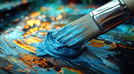 Fototapeta premium A brush dips in blue paint, spreading color over a textured surface
