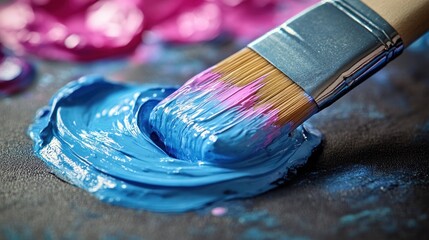 Obraz premium A paintbrush swirls through vivid blue and purple paint, showcasing artistic expression