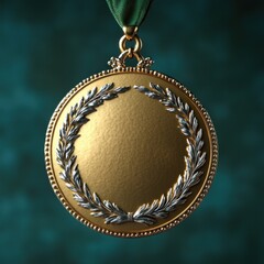 A stunning gold medal with delicate details hangs against a dark backdrop