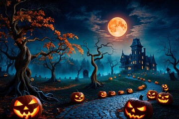 Fototapeta premium Halloween Night Landscape Wallpaper, spooky Halloween night Scenery, Halloween landscape, Halloween wallpaper, Halloween background, Halloween scary night