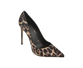 Women Stylish Leopard Print high heel stiletto shoe with white background,  This fashion-forward women’s footwear features a pointed toe and ultra-thin heel.