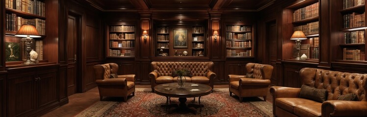 Luxury cigar lounge features rich leather Chesterfield sofas, armchairs, wood paneling. Floor-to-ceiling bookshelves display vintage books. Ornate lamps provide warm lighting, creating opulent
