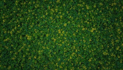 Aerial view of rich green field dotted with abundant yellow wildflowers. Dense foliage creates vibrant natural texture, perfect for summer springtime themes. Dense vegetation provides seamless