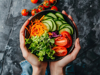 Hands holding a rainbow vegetable salad in a bowl