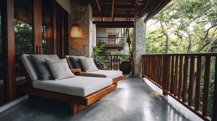 A hotel balcony with a subtle Japanese influence, featuring a floor made of polished concrete, wooden railings and comfortable lounge chairs with cushions made of natural linen .