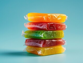 Colorful stack of soap bars in vibrant packaging against a soft blue background, showcasing bright orange, green, yellow, and red colors., sweet treat, candy lover,