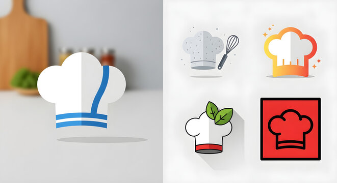 Chef hat icons set with modern design and vibrant colors for culinary branding and restaurant marketing materials, cooking class promotions, or food blog graphics