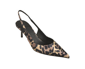 Obraz premium Women Stylish Leopard Print high heel stiletto shoe with white background, This fashion-forward women’s footwear features a pointed toe and ultra-thin heel.