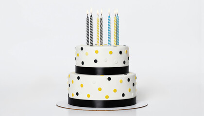 Two-tiered birthday cake decorated with colorful polka dots, black ribbons. Lit candles, including striped black white yellow, blue, adorn top tier. Perfect for celebrations, anniversaries, festive