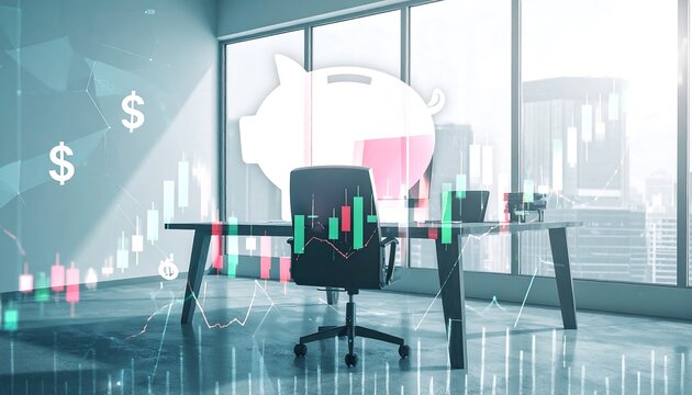 Modern office interior with piggy bank and financial data overlay