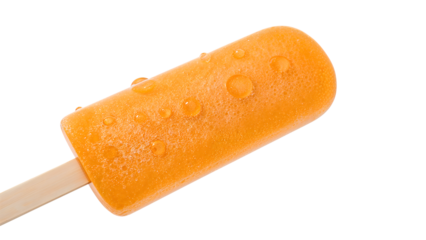 Refreshing orange popsicle with water droplets on wooden stick isolated on the transparent background for summer concept