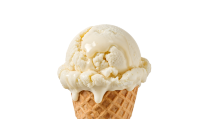 Melting vanilla ice cream scoop in crunchy waffle cone isolated on the transparent background for summer dessert concept