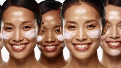 **Skincare group of smiling women, diverse faces, anti-aging cosmetics, beauty glow, spa wellness, equality and friendship, close-up studio portrait**
 - Powered by Adobe