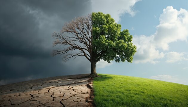 Split image shows lone tree on hill, half with green leaves under sunny blue sky, half bare branches under dark stormy sky. Cracked dry earth contrasts with green grass, representing climate change