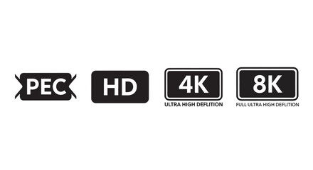 Video resolution icons pec hd 4k 8k silhouette
