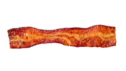 Crispy cooked bacon strip isolated on the transparent background, delicious breakfast food, greasy meat snack concept, unhealthy eating, high protein, culinary ingredient