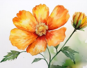 orange yellow flower watercolor on white background with green stem to left