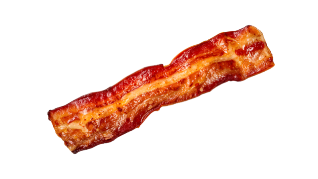 Crispy bacon strip isolated on the transparent background for breakfast and cooking concepts