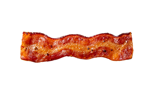 Crispy fried bacon strip isolated on the transparent background with grease glaze and golden brown texture
