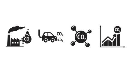 Carbon dioxide emissions icons factory car molecule and growth chart silhouette