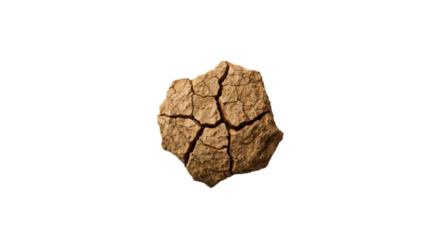 Dry cracked soil chunk isolated on the transparent background representing drought, environmental impact, climate change, and soil degradation